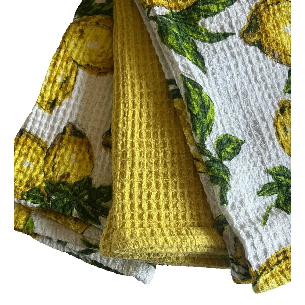 April Cornell Lemons Kitchen Dish Towels Set of 3 Waffle Weave Shabby Chic Lemon
